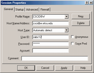 Login window for WS_FTP.