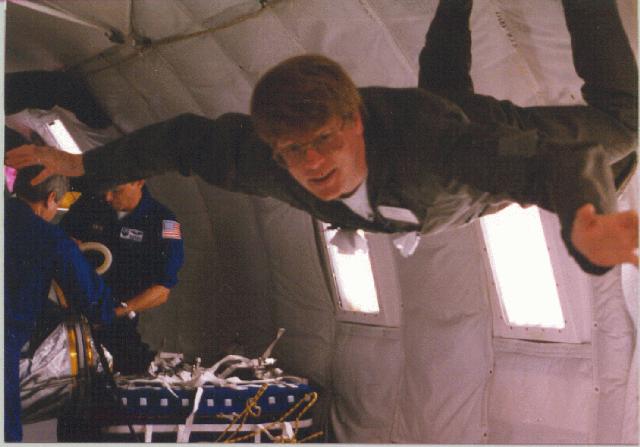 a picture of Dr. Allan Forsman floating in the KC-135 microgravity aircraft