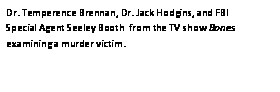 Text Box: Dr. Temperence Brennan, Dr. Jack Hodgins, and FBI 
Special Agent Seeley Booth  from the TV show Bones examining a murder victim. 
