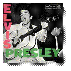 Album cover with photograph of Presley singinghead thrown back, eyes closed, mouth wide openand about to strike a chord on his acoustic guitar. Another musician is behind him to the right, his instrument obscured. The word "Elvis" in bold pink letters descends from the upper left corner; below, the word "Presley" in bold green letters runs horizontally.
