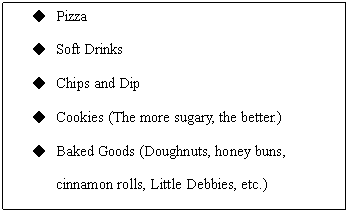 Text Box: u	Pizza
u	Soft Drinks
u	Chips and Dip
u	Cookies (The more sugary, the better.)
u	Baked Goods (Doughnuts, honey buns, cinnamon rolls, Little Debbies, etc.)
u	Candy
