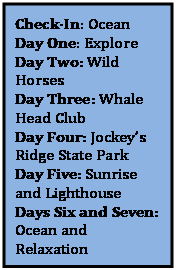 Text Box: Check-In: Ocean
Day One: Explore
Day Two: Wild Horses
Day Three: Whale Head Club
Day Four: Jockeys Ridge State Park
Day Five: Sunrise and Lighthouse
Days Six and Seven: Ocean and Relaxation


