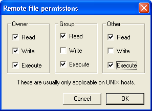 WS-FTP Remote File Permissions Window.